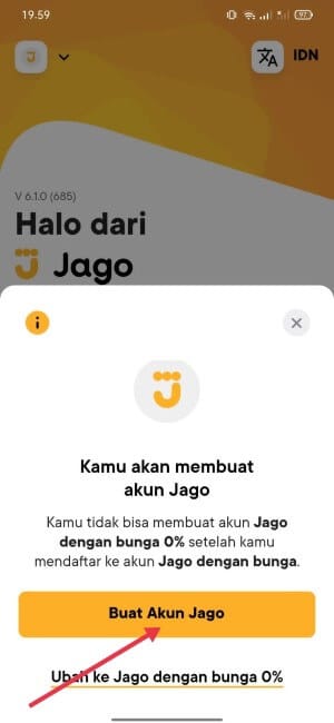 Konfirmasi jenis rekening Jago dan klik tombol buat Akun Jago