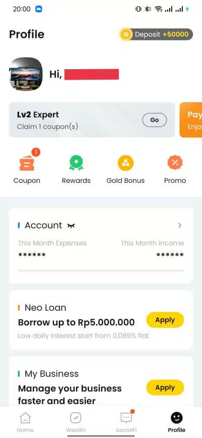 Tampilan menu profil aplikasi Neobank oleh Bank Neo Commerce
