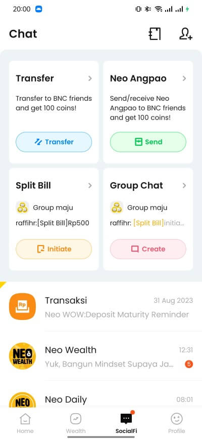 Tampilan menu SocialFi aplikasi Neobank oleh Bank Neo Commerce