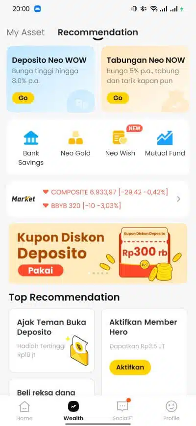 Tampilan menu Wealth aplikasi Neobank oleh Bank Neo Commerce