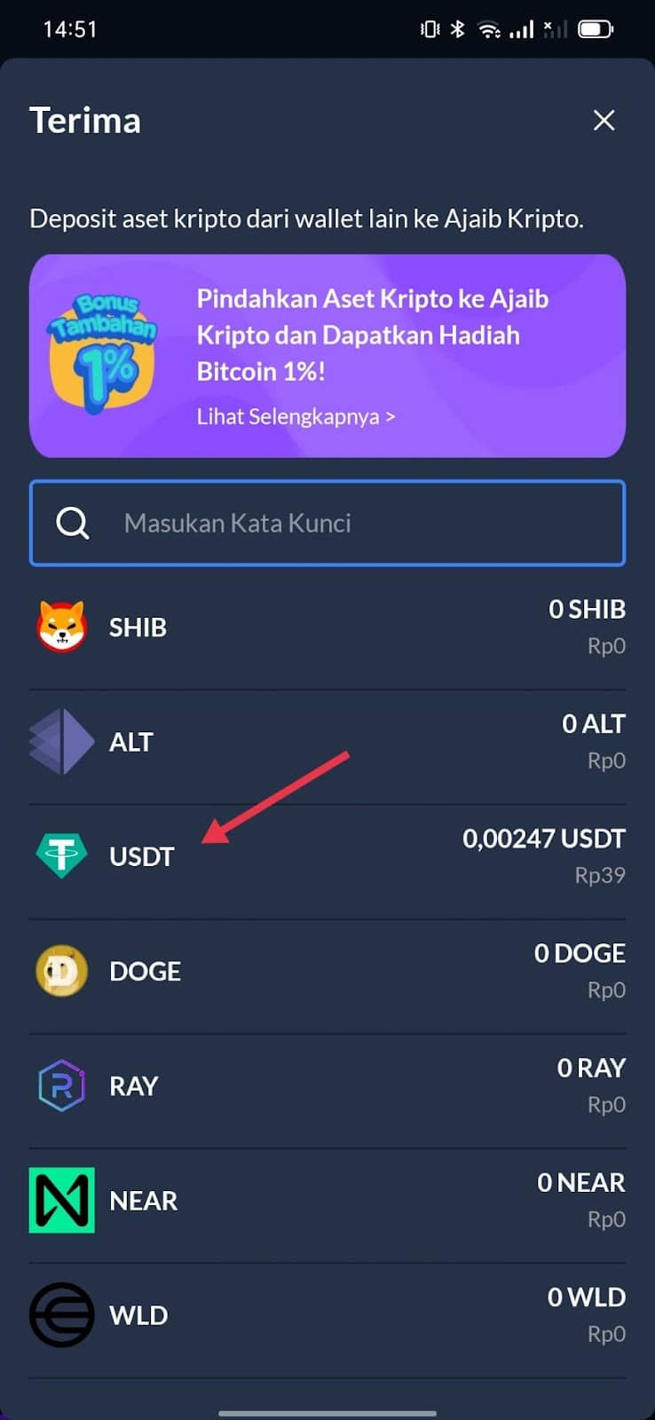 pilih aset kripto tujuan transfer di Ajaib Kripto