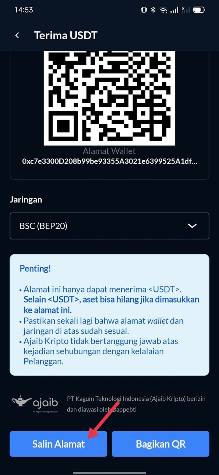 salin alamat wallet Ajaib Kripto