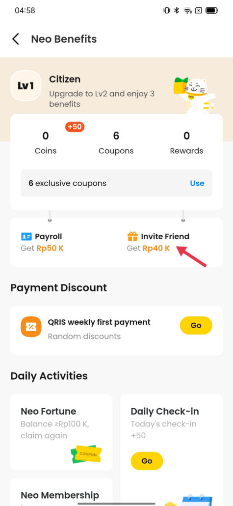 kode referral neobank - halaman neo rewards