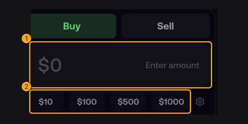 Cara Pakai Fomo App: Trading Crypto, Long/Short, dan Biaya 9 Kolom nominal dolar dan pilihan $10 sampai $1000 di panel Buy Fomo