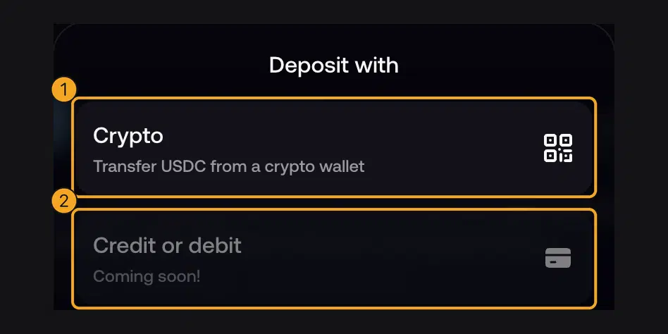 Cara Pakai Fomo App: Trading Crypto, Long/Short, dan Biaya 2 Pilihan deposit Crypto untuk transfer USDC dan opsi Credit or debit yang masih Coming soon di Fomo