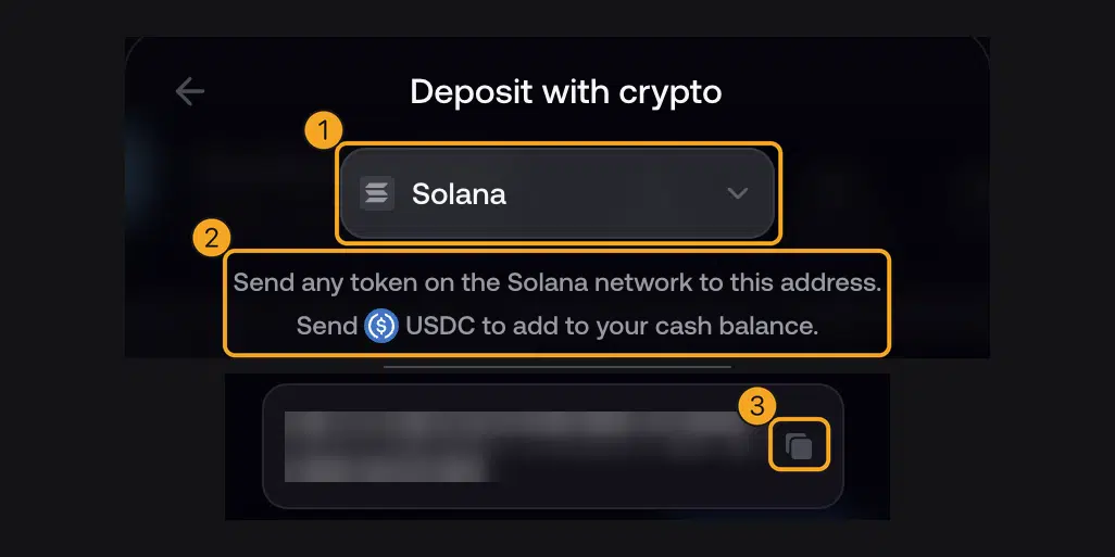 Cara Pakai Fomo App: Trading Crypto, Long/Short, dan Biaya 3 Jaringan Solana, keterangan kirim USDC ke saldo cash, dan ikon salin alamat deposit di Fomo