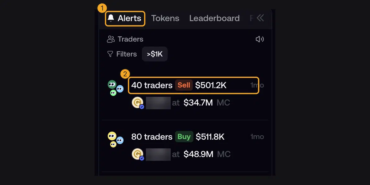 Cara Pakai Fomo App: Trading Crypto, Long/Short, dan Biaya 4 Tab Alerts berisi jumlah trader dan nominal transaksi beli atau jual di Fomo web