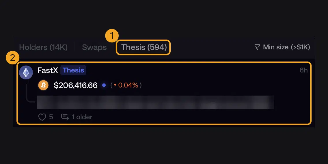 Cara Pakai Fomo App: Trading Crypto, Long/Short, dan Biaya 7 Tab Thesis berisi catatan trader di halaman token Fomo
