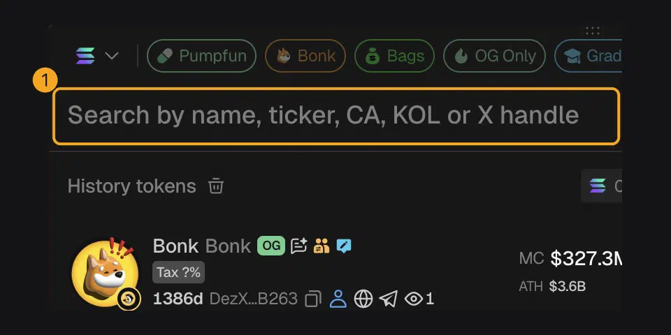 Cara Pakai GMGN AI untuk Trading Memecoin di Solana 4 Kolom Search di bagian atas gmgn.ai