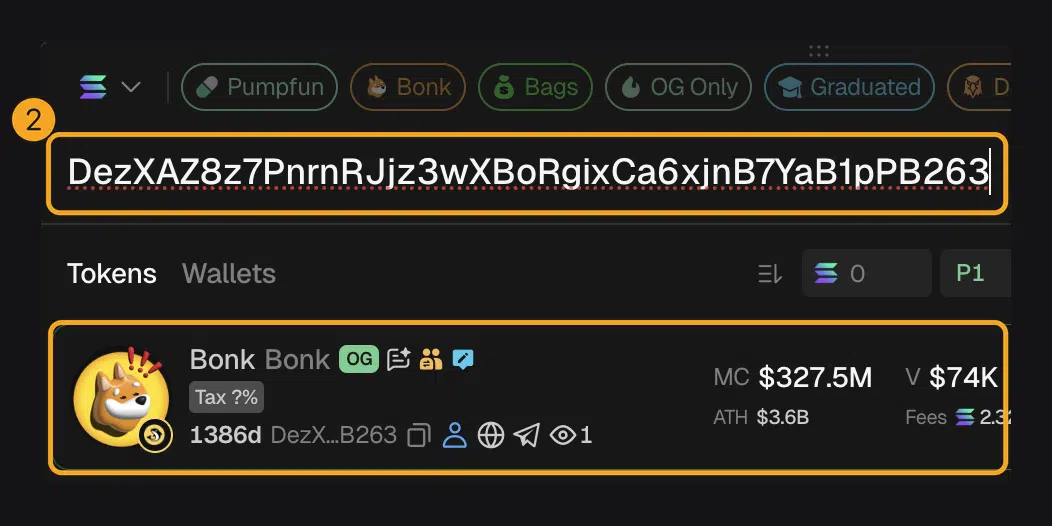 Cara Pakai GMGN AI untuk Trading Memecoin di Solana 5 Alamat kontrak token BONK ditempel di kolom Search GMGN