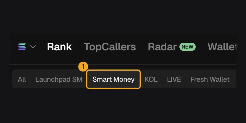 Cara Pakai GMGN AI untuk Trading Memecoin di Solana 7 Tab Smart Money di halaman Rank GMGN