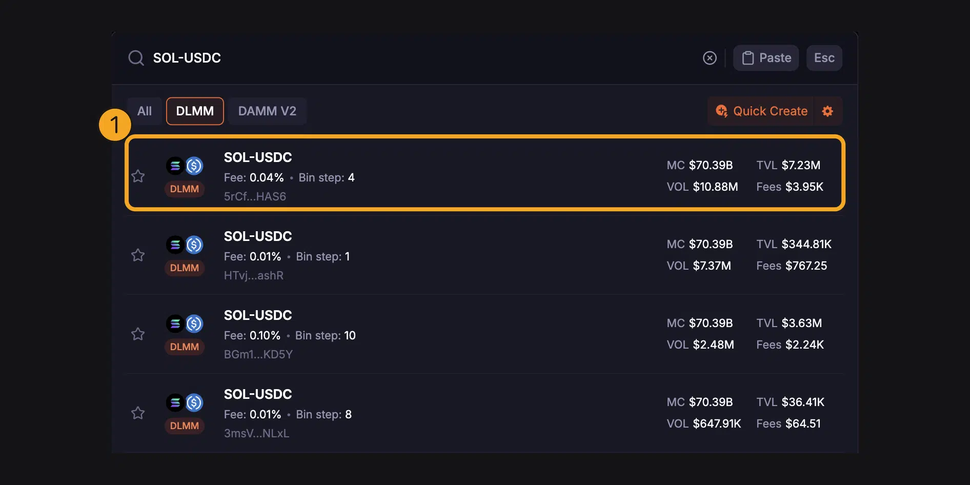 Apa Itu Meteora? Cara Kerja DLMM dan Tutorial Jadi Liquidity Provider 3 Hasil pencarian SOL-USDC di Meteora pada tab DLMM, pool teratas dengan Fee 0,04% dan Bin step 4