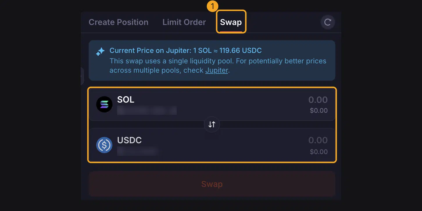 Apa Itu Meteora? Cara Kerja DLMM dan Tutorial Jadi Liquidity Provider 4 Tab Swap di halaman pool SOL-USDC Meteora dengan kolom SOL dan USDC