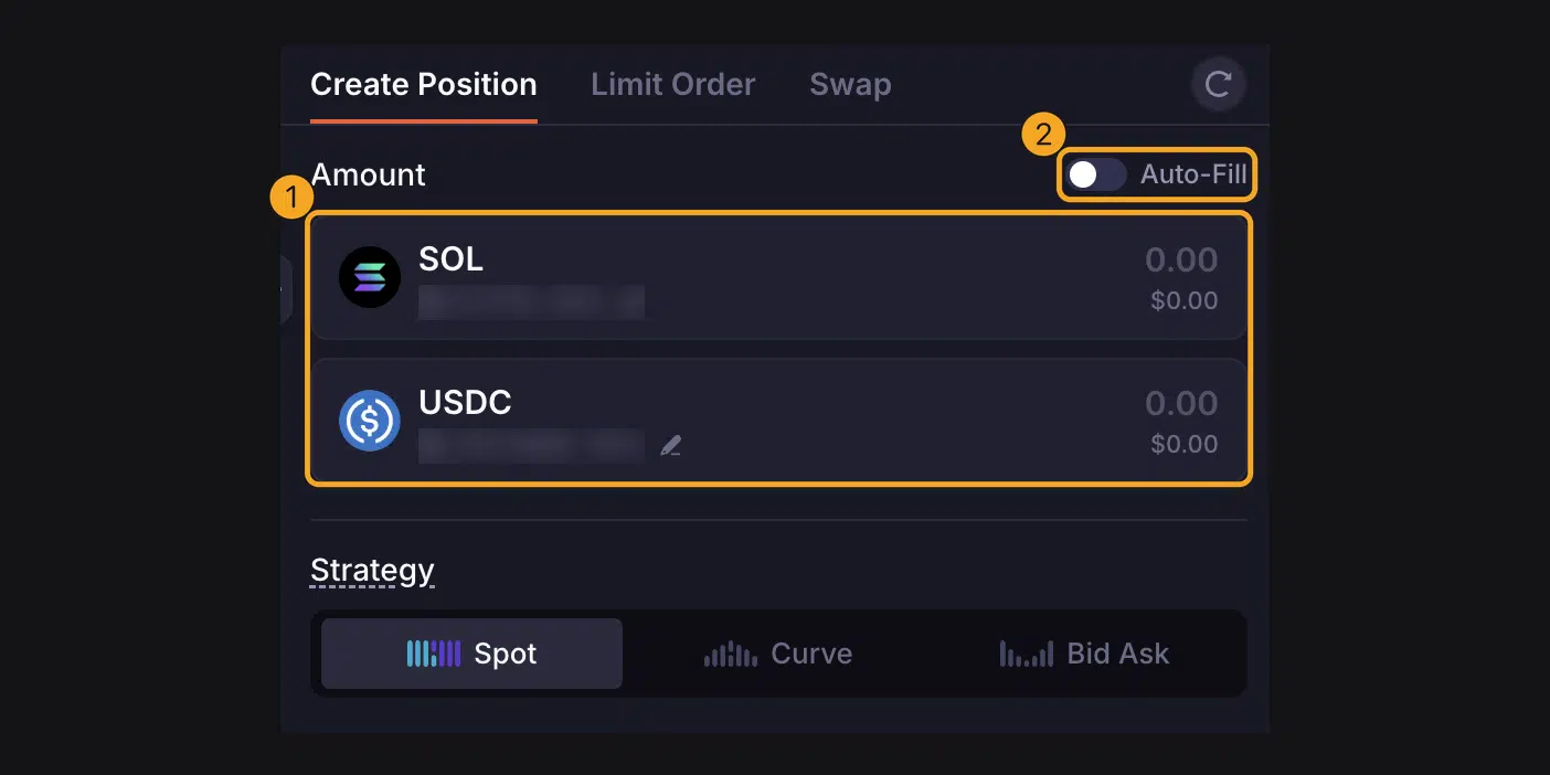 Apa Itu Meteora? Cara Kerja DLMM dan Tutorial Jadi Liquidity Provider 5 Tab Create Position Meteora dengan kolom Amount SOL dan USDC serta tombol Auto-Fill