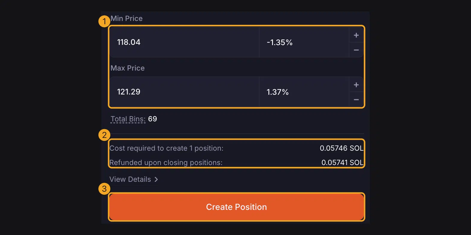 Apa Itu Meteora? Cara Kerja DLMM dan Tutorial Jadi Liquidity Provider 7 Kolom Min Price dan Max Price untuk 69 bin, biaya 0,05746 SOL, tautan View Details, dan tombol Create Position di Meteora