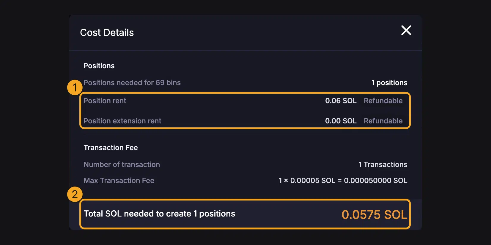 Apa Itu Meteora? Cara Kerja DLMM dan Tutorial Jadi Liquidity Provider 1 Jendela Cost Details Meteora untuk posisi 69 bin di pool SOL-USDC dengan sewa posisi 0,06 SOL Refundable dan total 0,0575 SOL